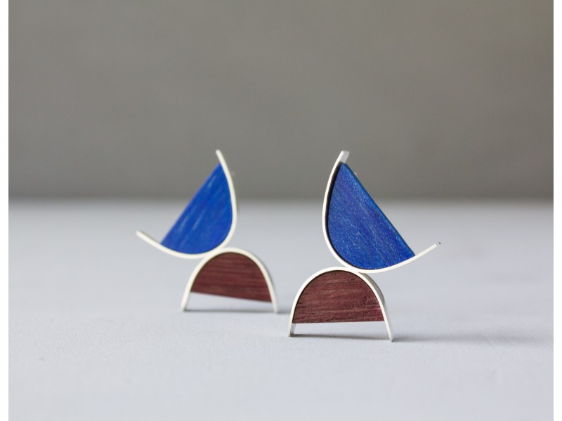 Purple blue modern wood earrings